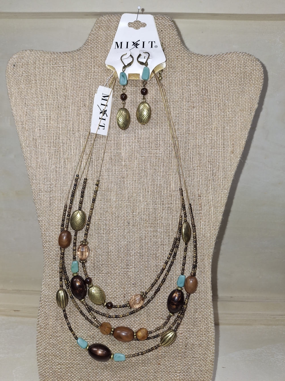 MIXIT Multi-Strand Brown & Turquoise Bead Necklace with Earrings